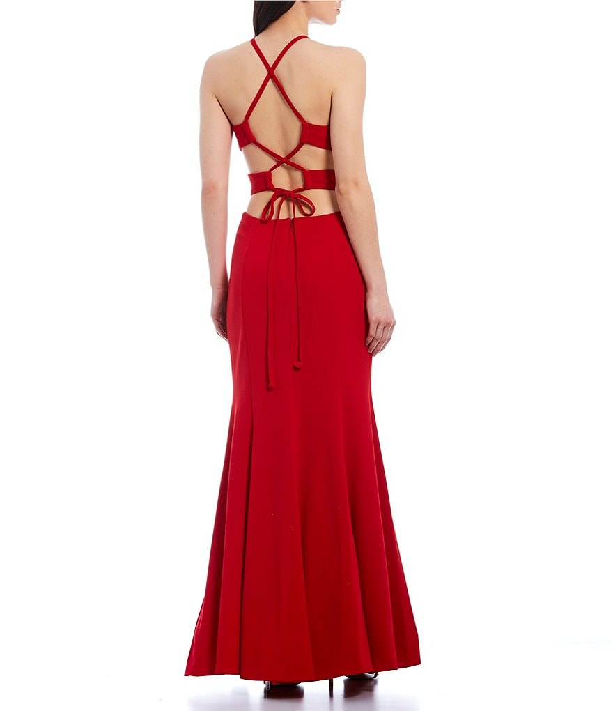 Morgan & Co. High Neck Lace-Up-Back Long Dress