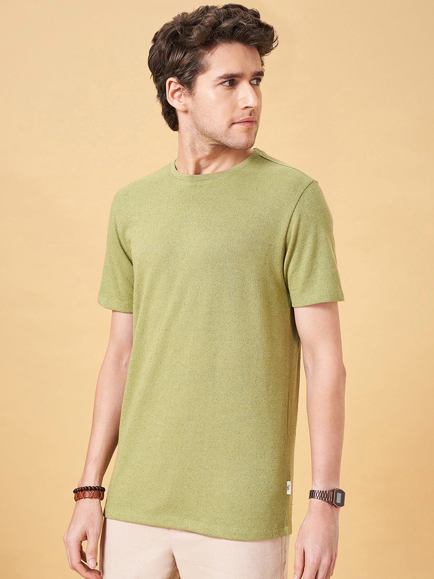 7 Alt by Pantaloons Sage Green Slim Fit Crew T-Shirt
