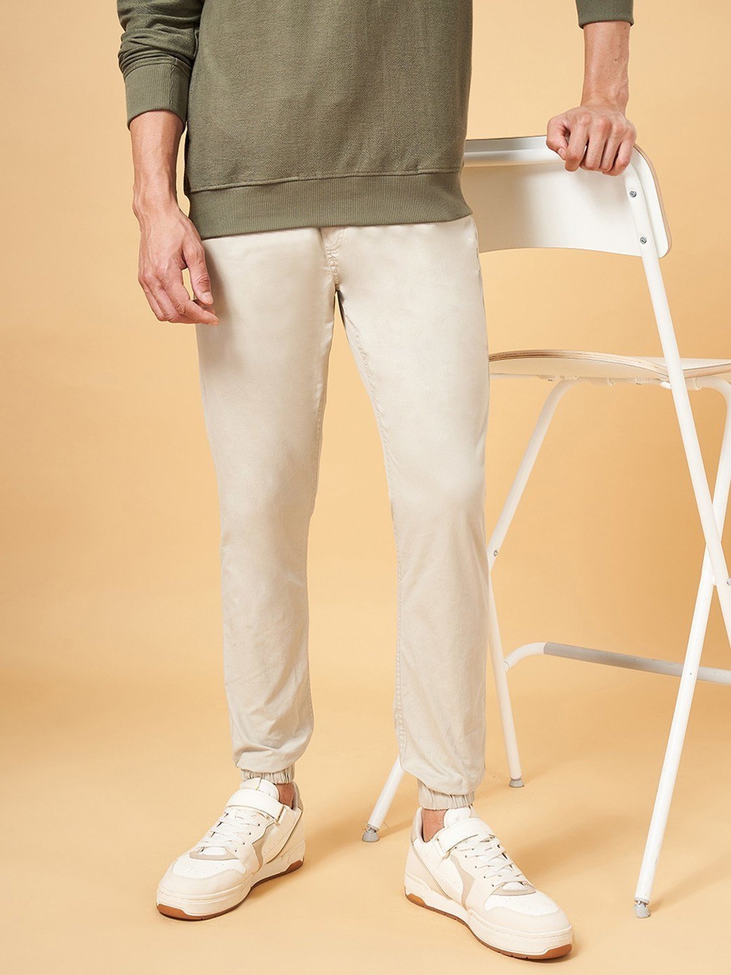 Urban Ranger by Pantaloons Light Beige Cotton Slim Fit Joggers