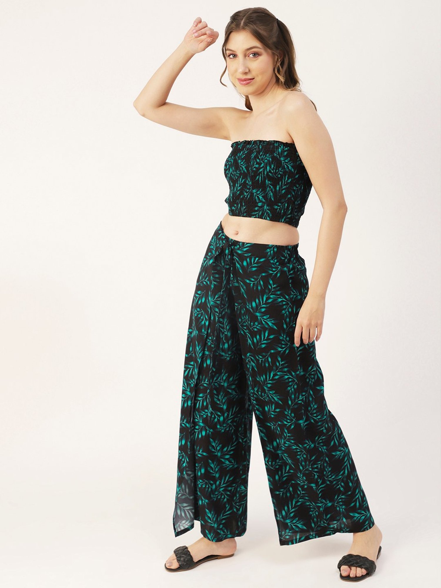 Moomaya Black Printed Crop Top With Palazzos