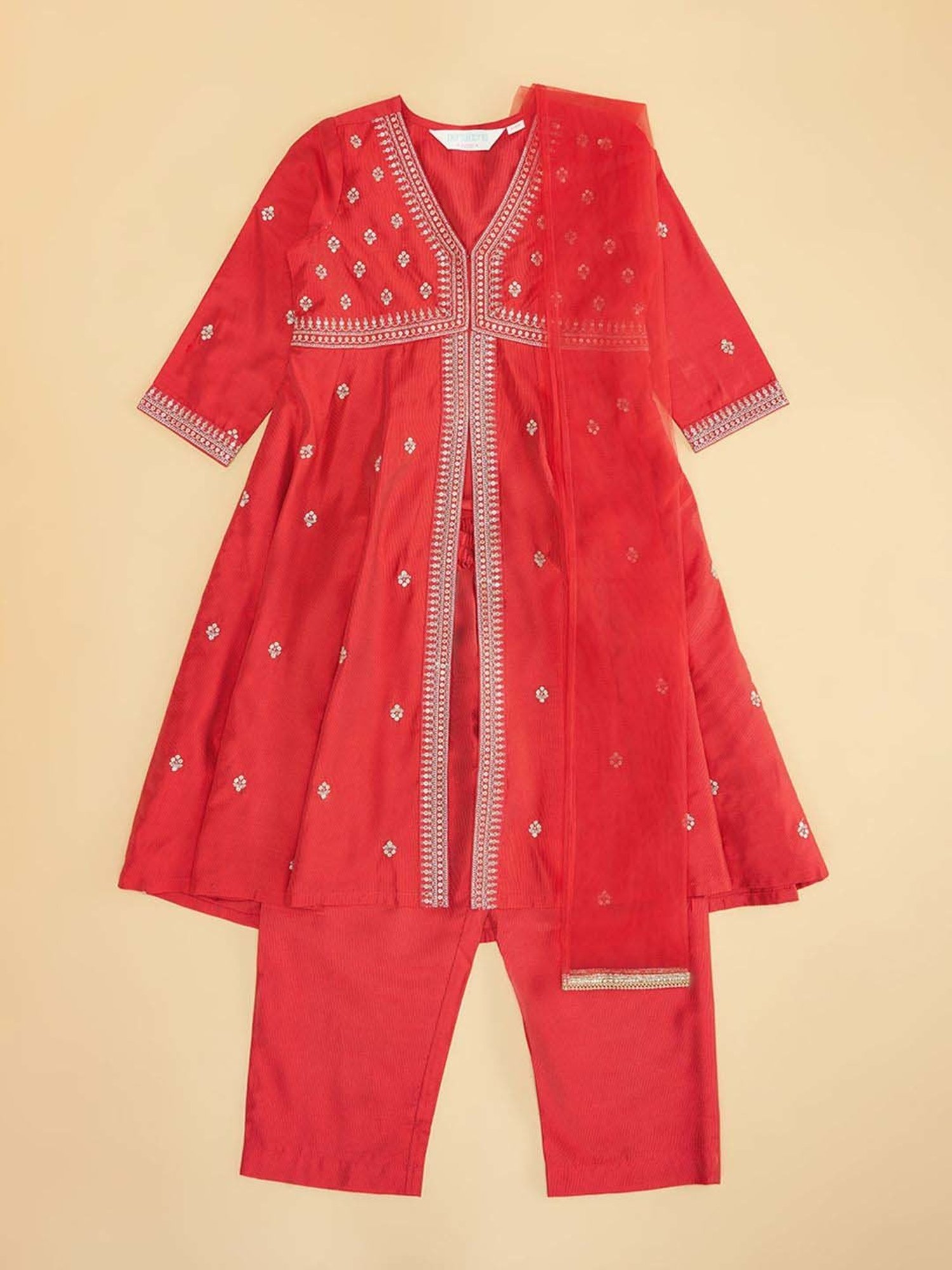 Akkriti by Pantaloons Girls Barbados Cherry Cotton Embellished Kurta Sets