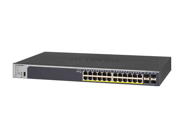 NETGEAR 28-Port PoE Gigabit/10G Stackable Smart Switch (GS728TXP) - Managed with 24 x PoE+ @ 195W, 2 x 10G Copper and 2 x 10G SFP+, Desktop/Rackmount, and ProSAFE Lifetime Protection