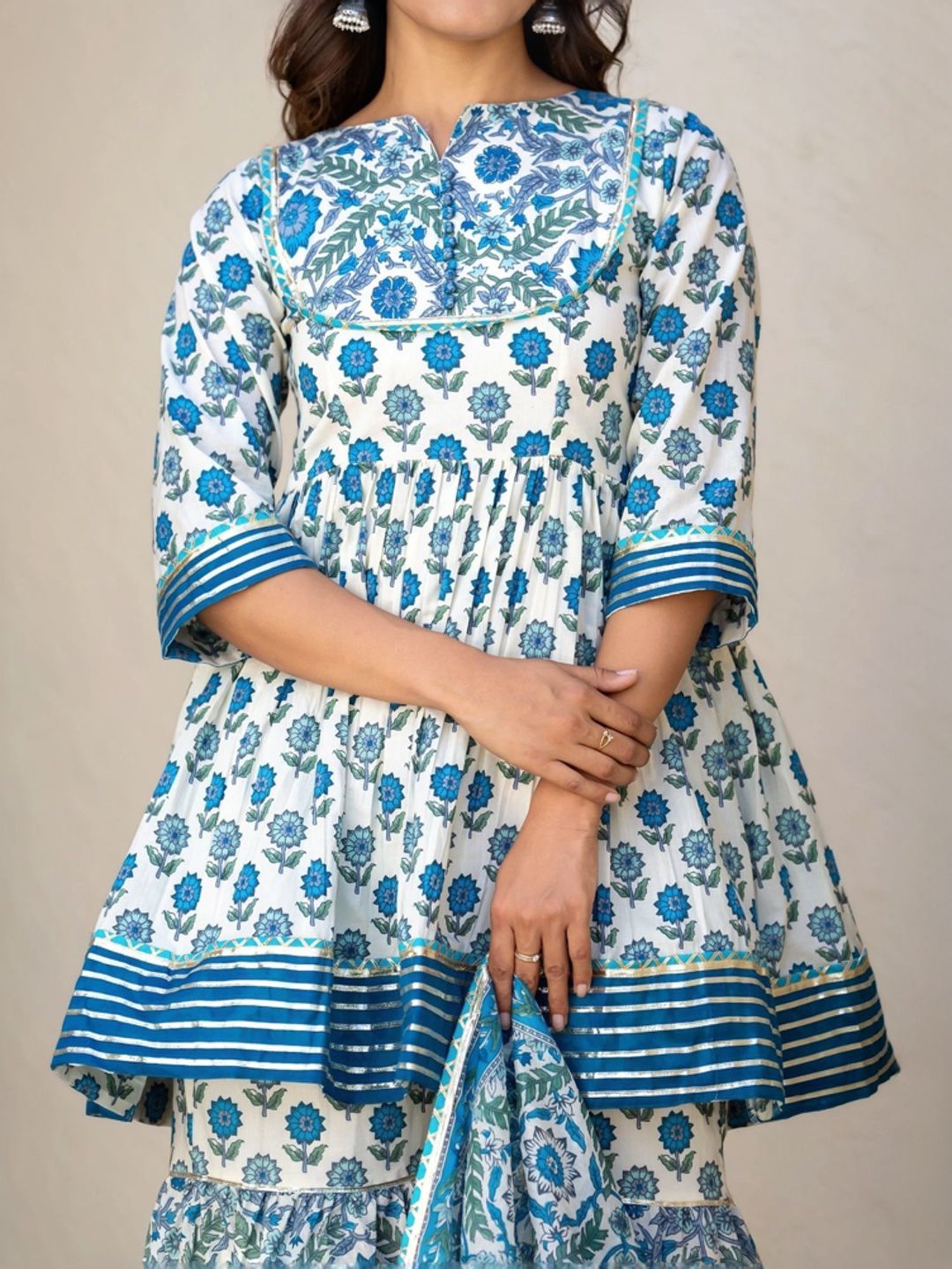 HOUSE OF JAMOTI Blue Cotton Printed Short Kurti Sharara Set With Dupatta