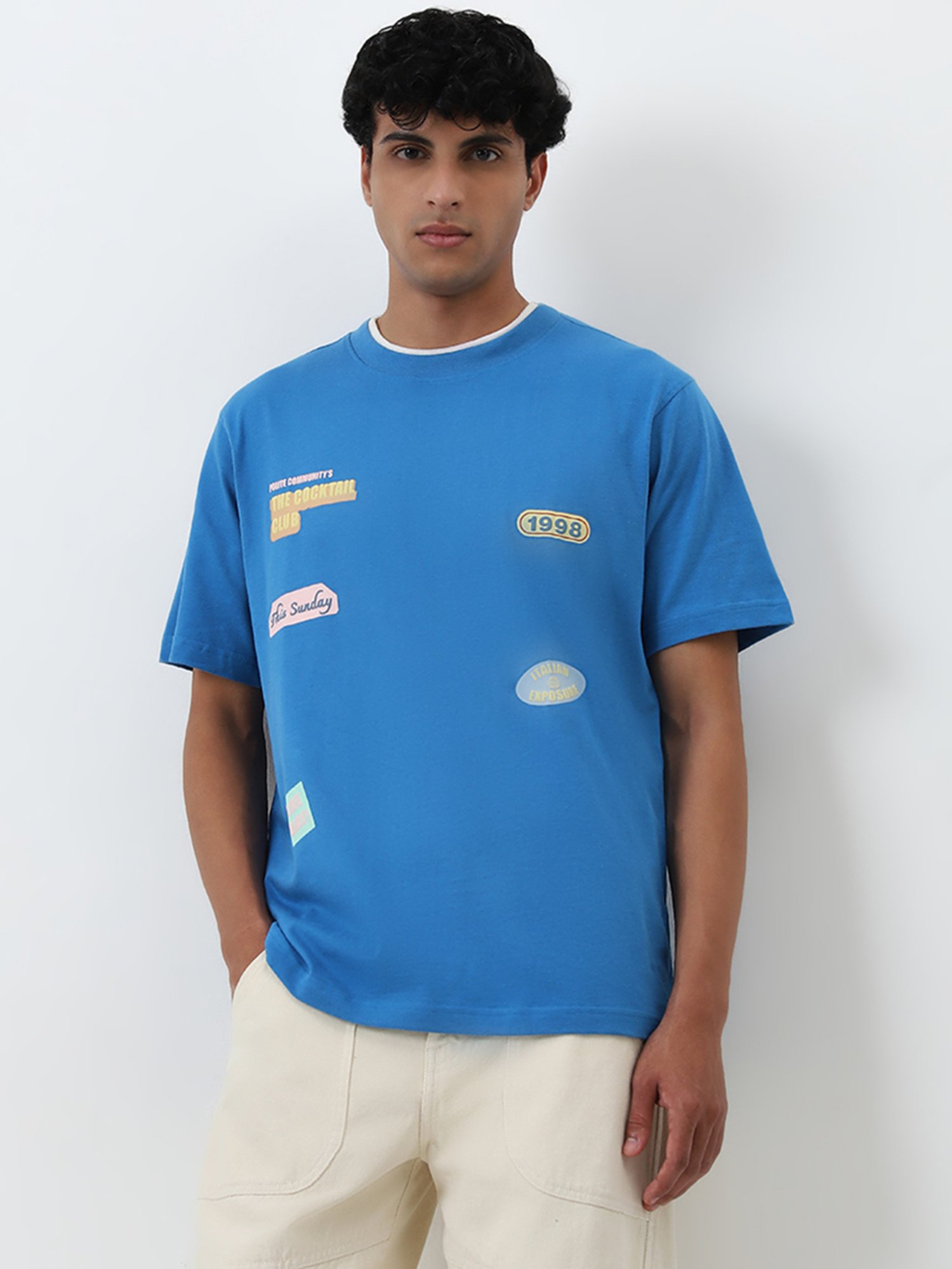 Nuon by Westside Blue Text Embossed Relaxed-Fit Cotton T-Shirt