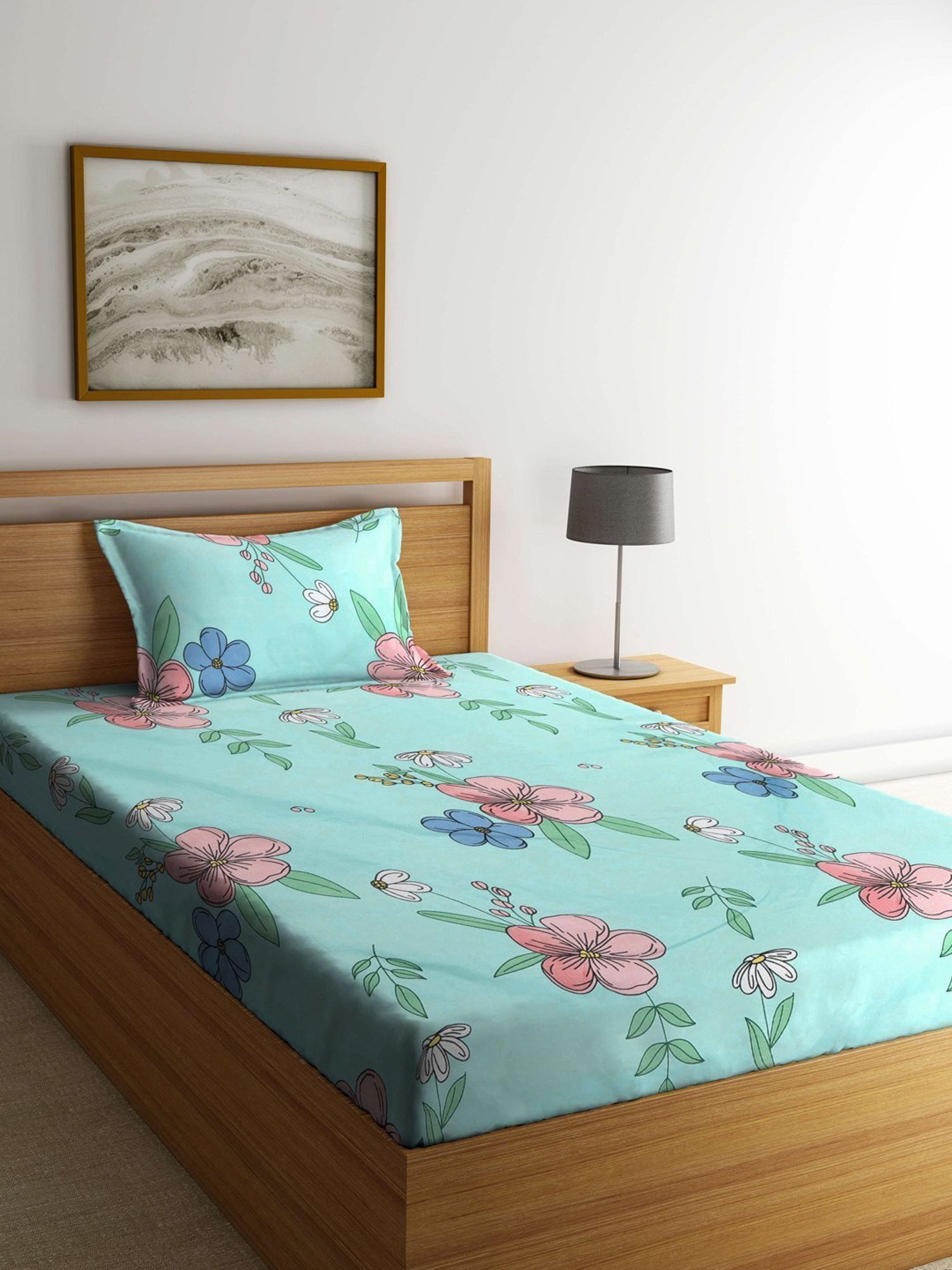 Klotthe Floral Turquoise Green 300 TC Cotton Blend Single Bed Sheet with Pillow Cover