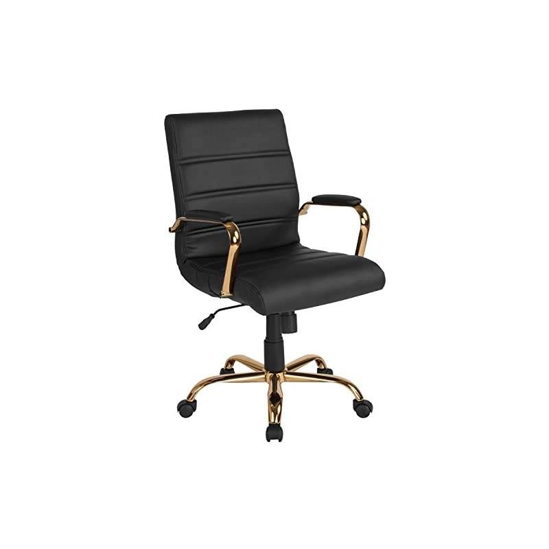 Mid-Back Black LeatherSoft Executive Swivel Office Chair with Gold Frame and Arms