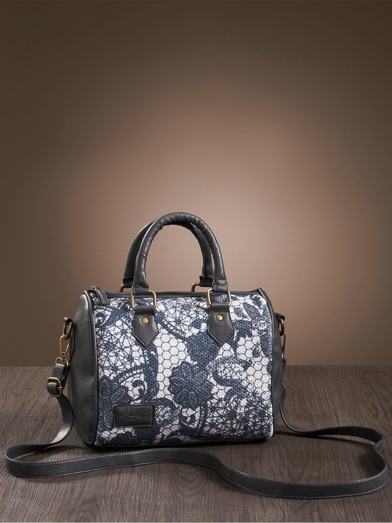 Mona B Grey Printed Medium Handbag