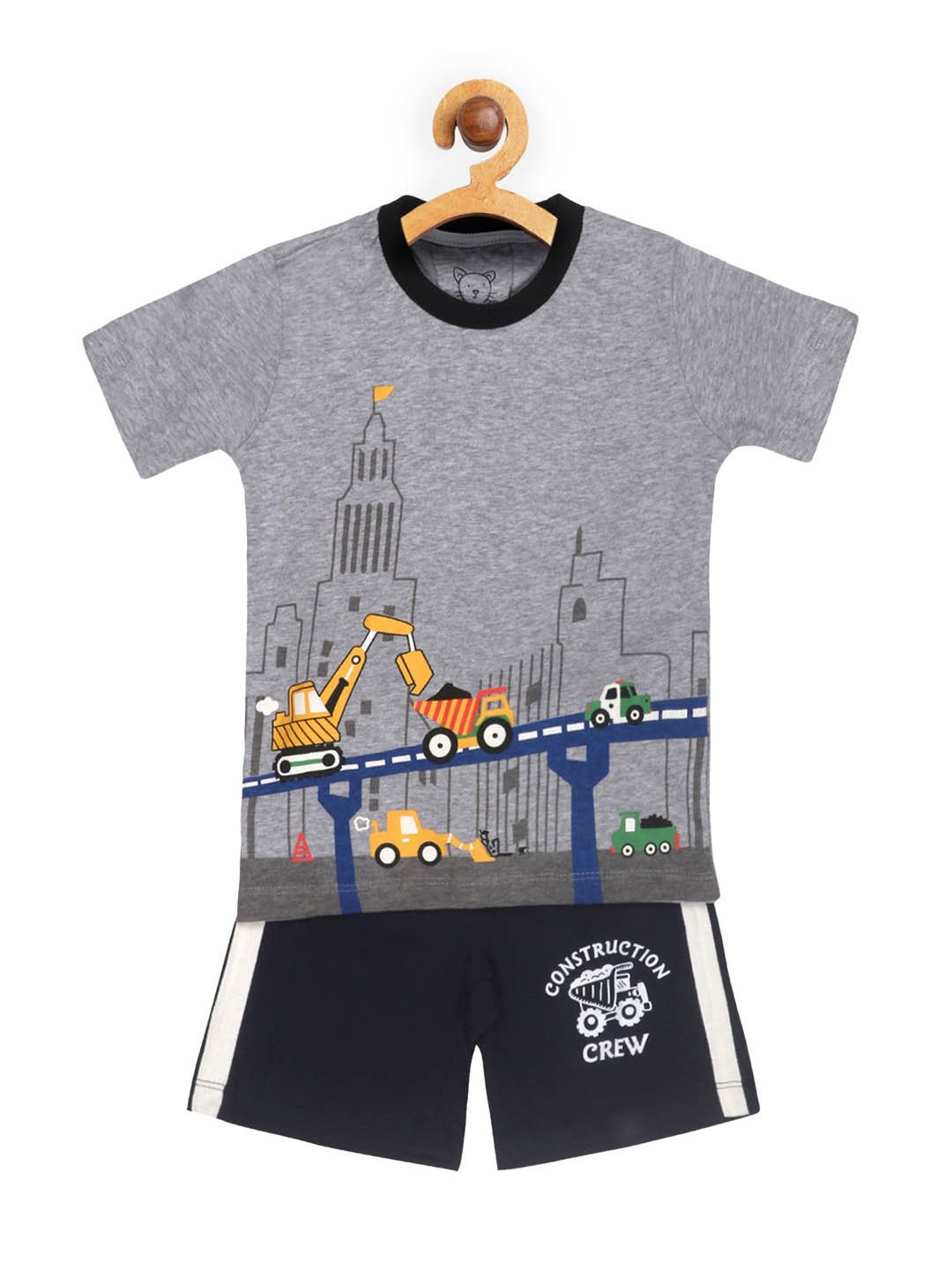 Lazy Shark Kids Grey & Navy Printed  T-Shirt with  Shorts