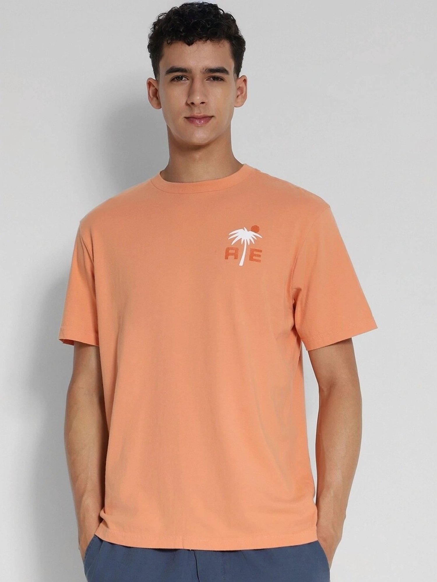American Eagle Orange Cotton Regular Fit Printed T-Shirt