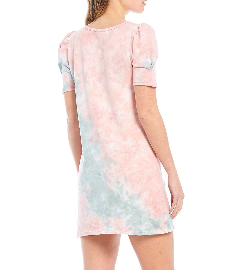 BB Dakota by Steve Madden Pastel Tie-Dye Short Puff Sleeve French Terry Knit Cosmic Girl Dress