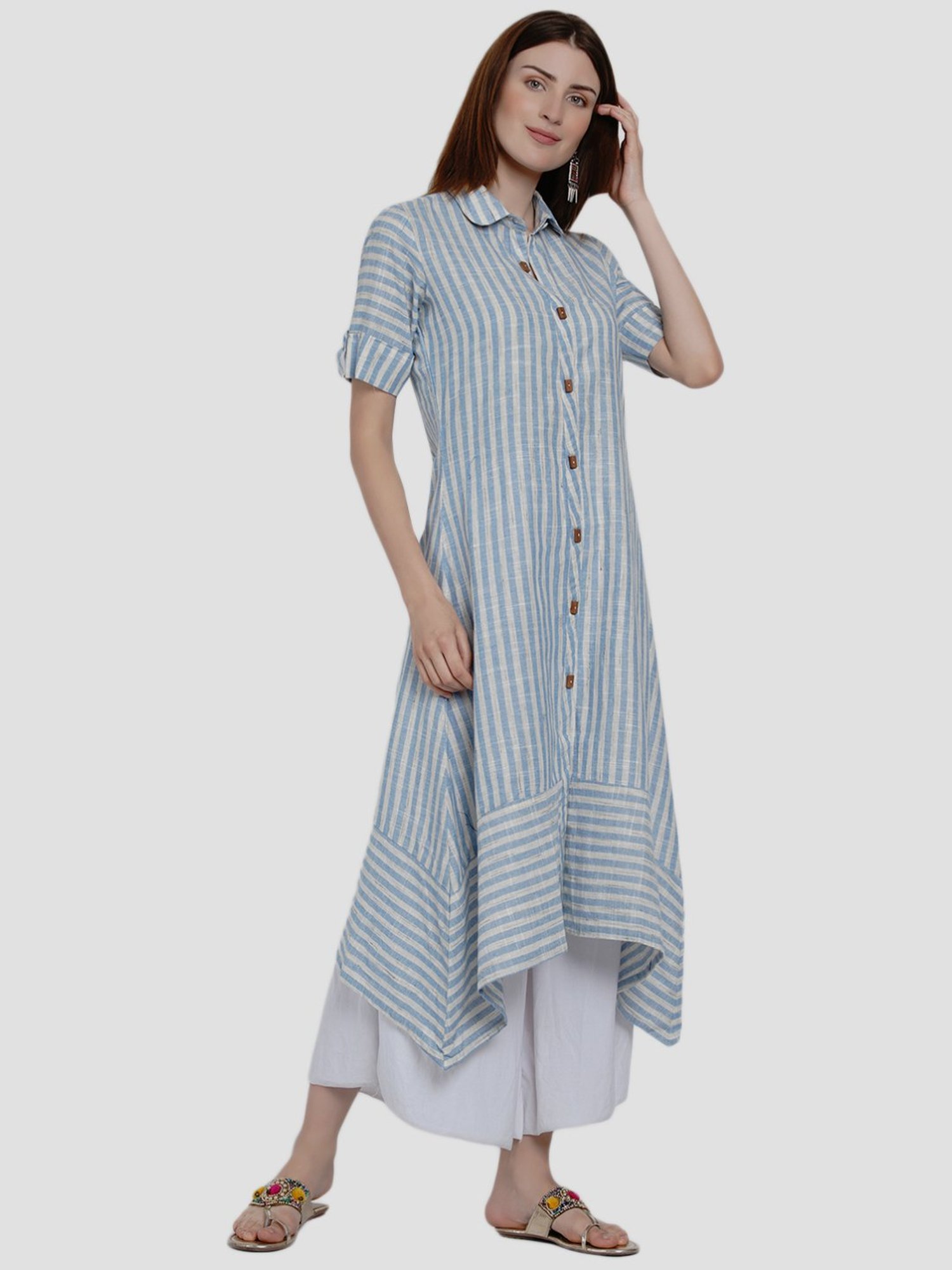 Women Republic Blue Cotton Striped A Line Kurta