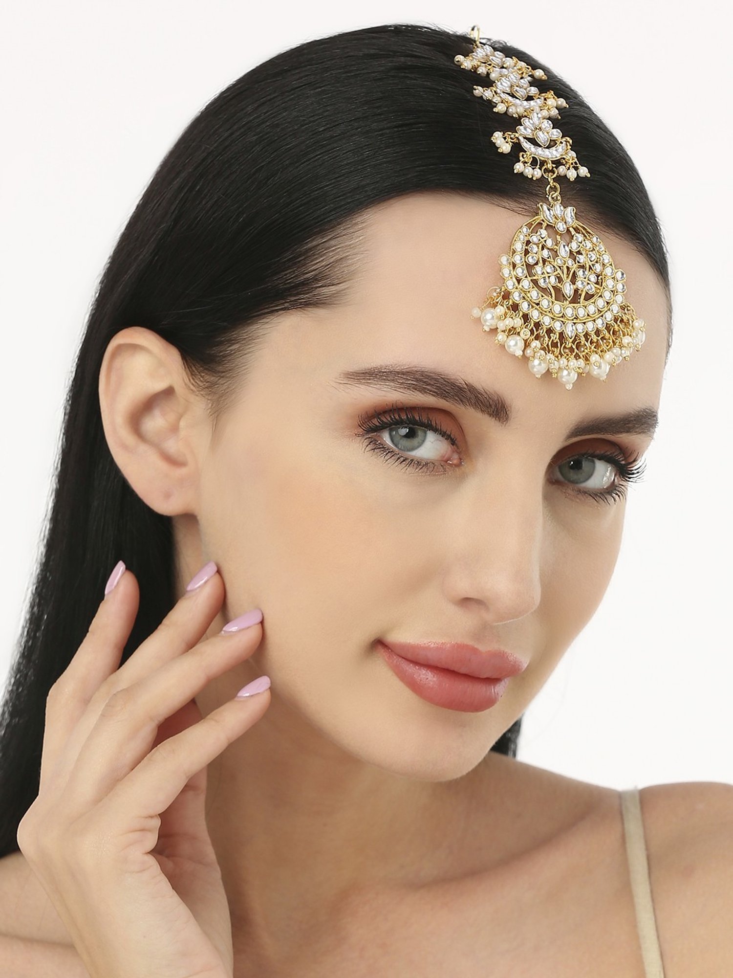 Oomph Gold Tone Kundan & Pearls Lotus Design Large Wedding Maang Tikka