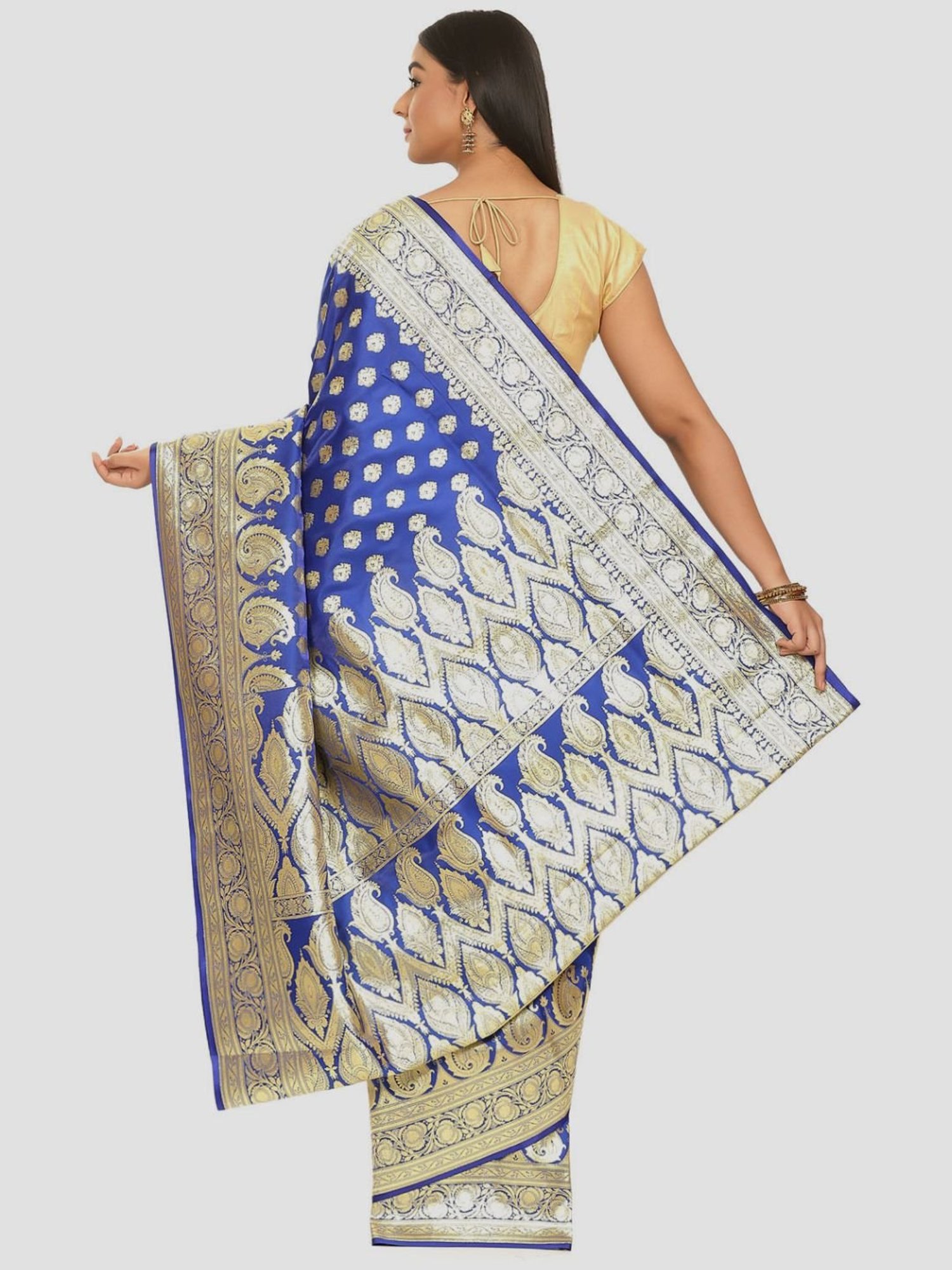 Banarasi Silk Works Blue Woven Saree With Unstitched Blouse