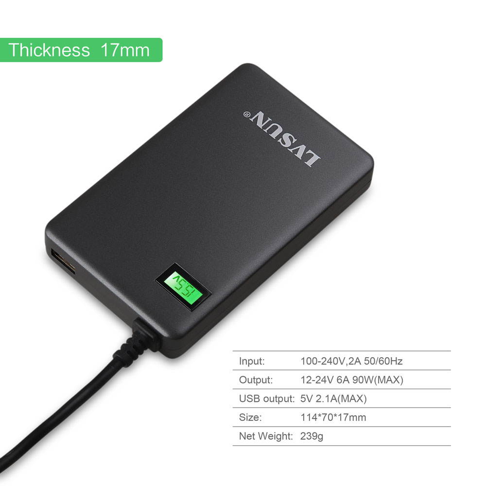 Lvsun 90 Watt Slim Universal Laptop Ac Adapter Netbook Power Supply Charger Fit for Lenovo 20.5v, Ibm 20v, Hp/compaq 18.5v, Dell 19.5v, Toshiba 18v, Sony 16v, Acer 16v, Asus 19v More Devices