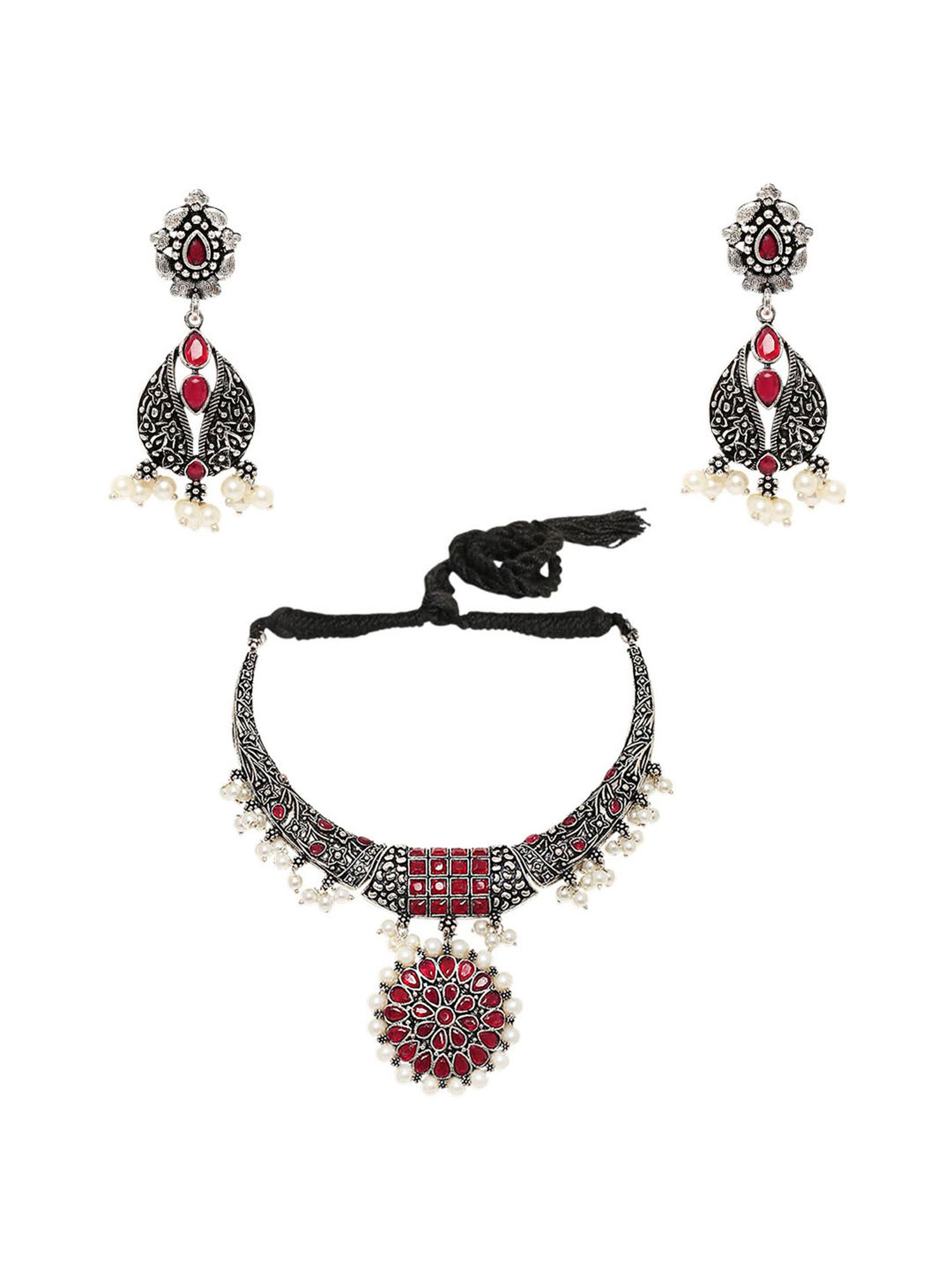 OOMPH Oxidized Silver Look Alike Maroon Stone StoneChoker Necklace Set with Drop Earrings