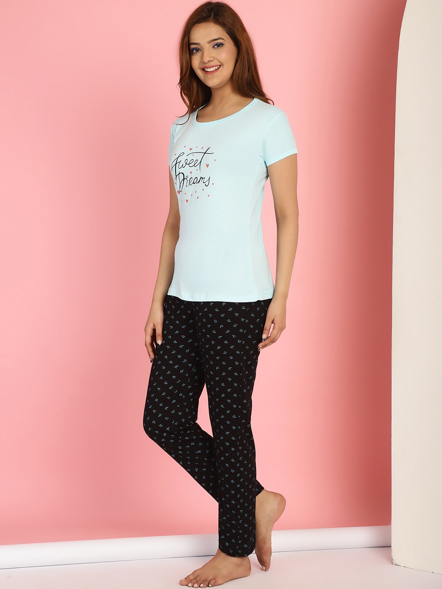 Gracit Turquoise & Black Cotton Printed Top With Pyjamas