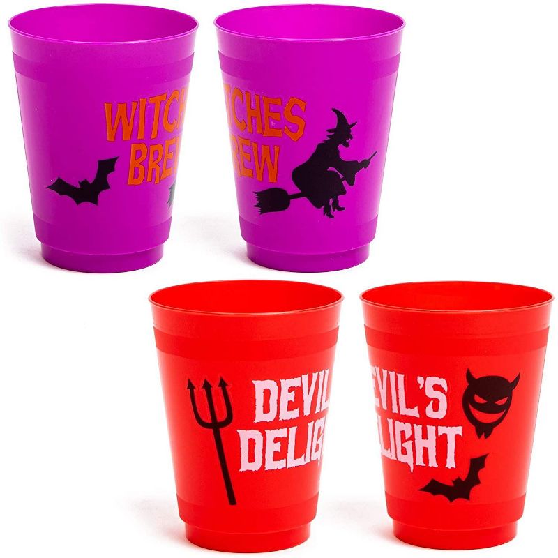 Spooky Central 24 Pack Halloween Plastic Party Cups, Witches Brew, Zombie Juice, Devil's Delight, Jack O Lantern Juice (16 oz)