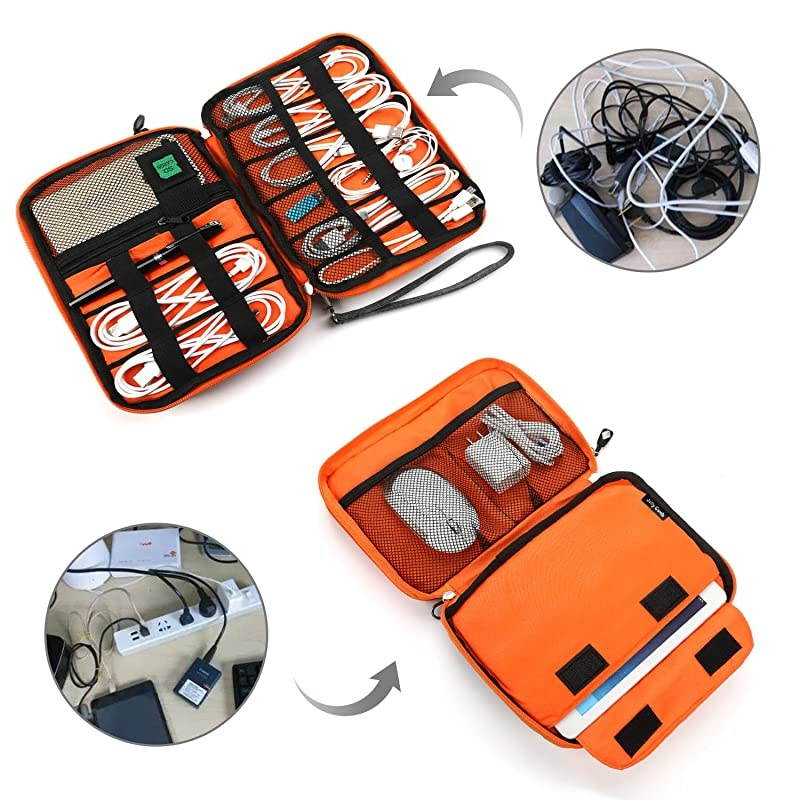 Electronics Organizer,  Electronic Accessories Cable Organizer Bag Waterproof Travel Cable Storage Bag for Charging Cable, Cellphone, Mini Tablet (Up to 7.9'') and More (Orange and Gray)