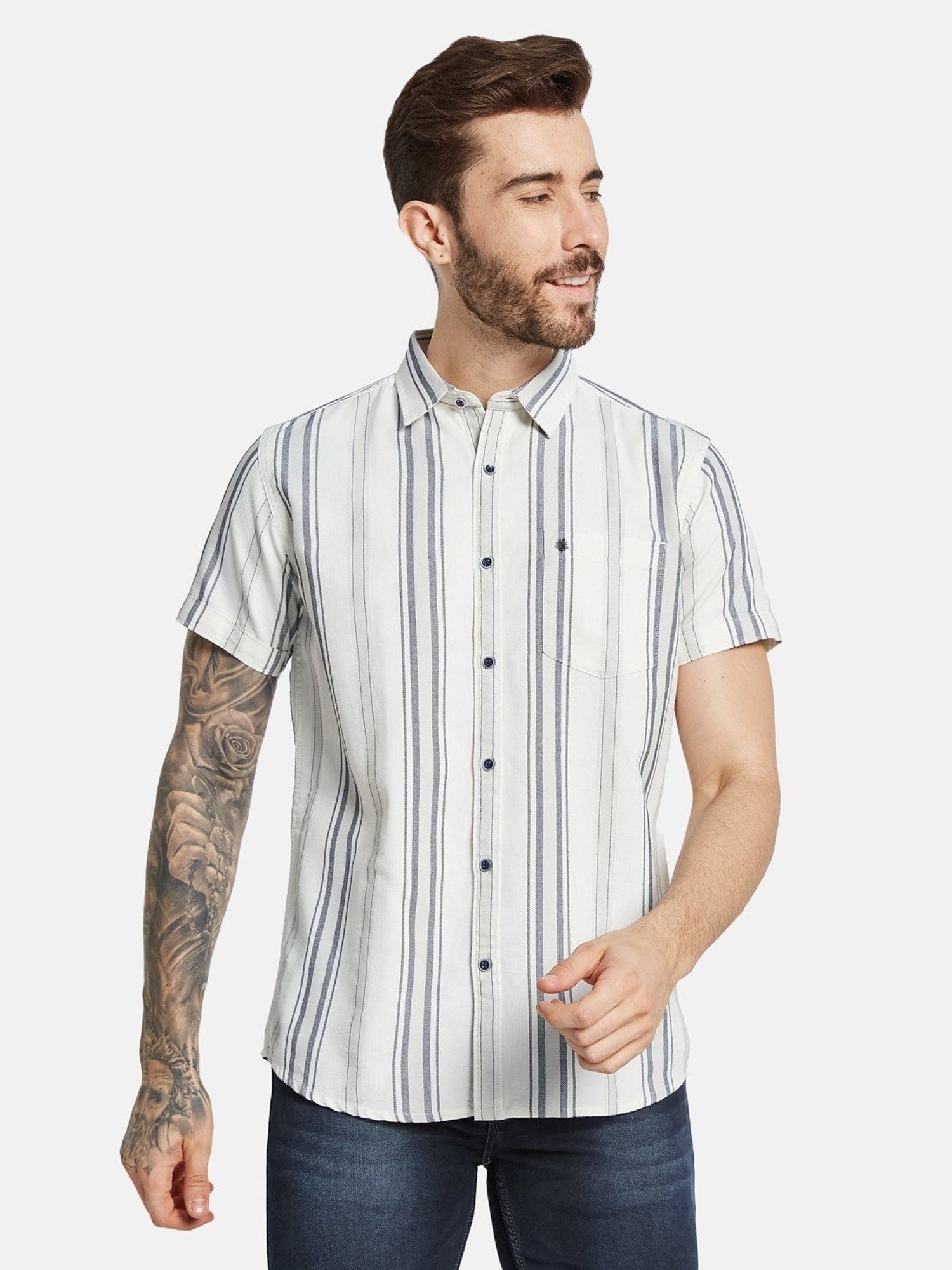 Mettle Off White Cotton Regular Fit Striped Shirt