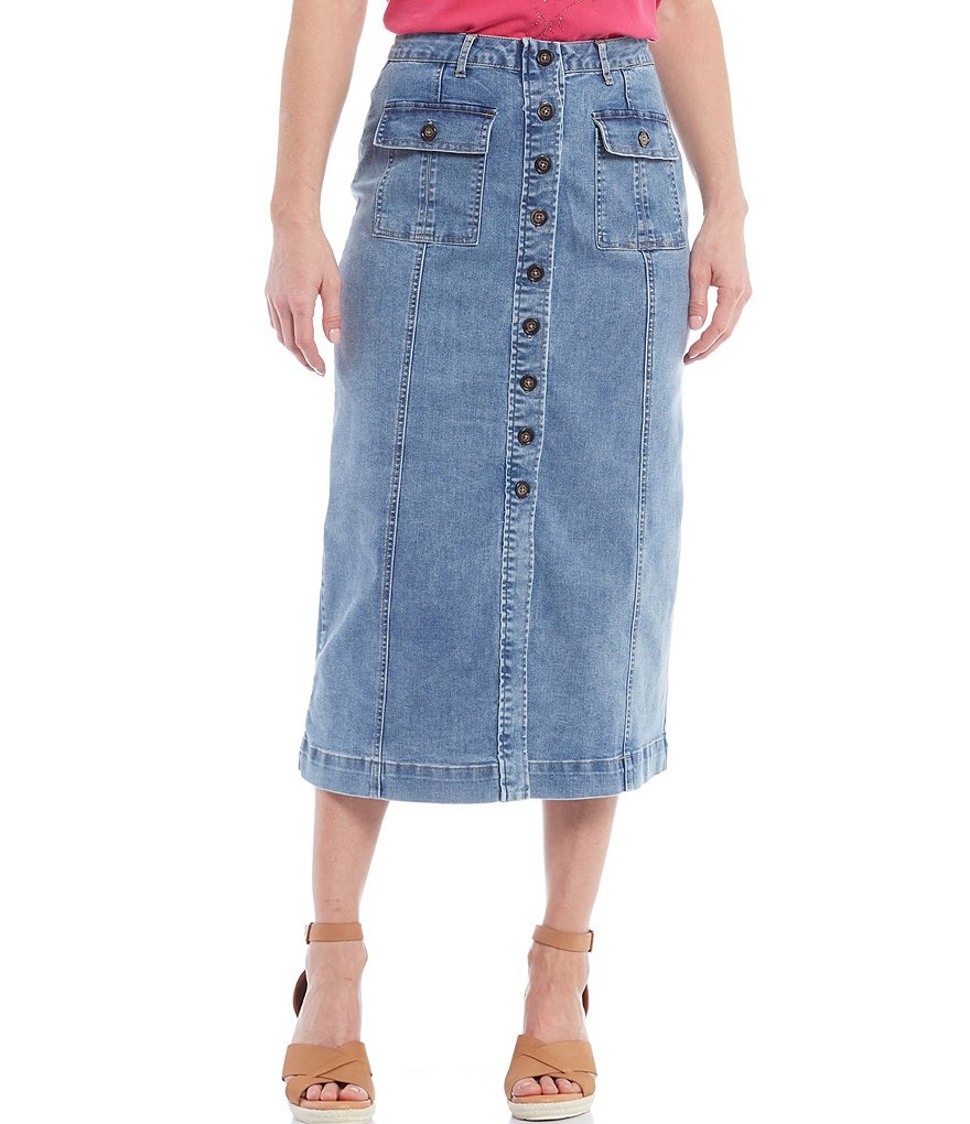 Reba Button Front Patch Pocket A-Line Denim Skirt
