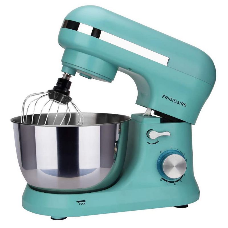 Frigidaire ESTM020-BLUE 4.5 Liter 8 Speed Electric Countertop Standalone Food Mixer with Bowl, Hook, Beater, and Whisk Attachment Accessories, Blue