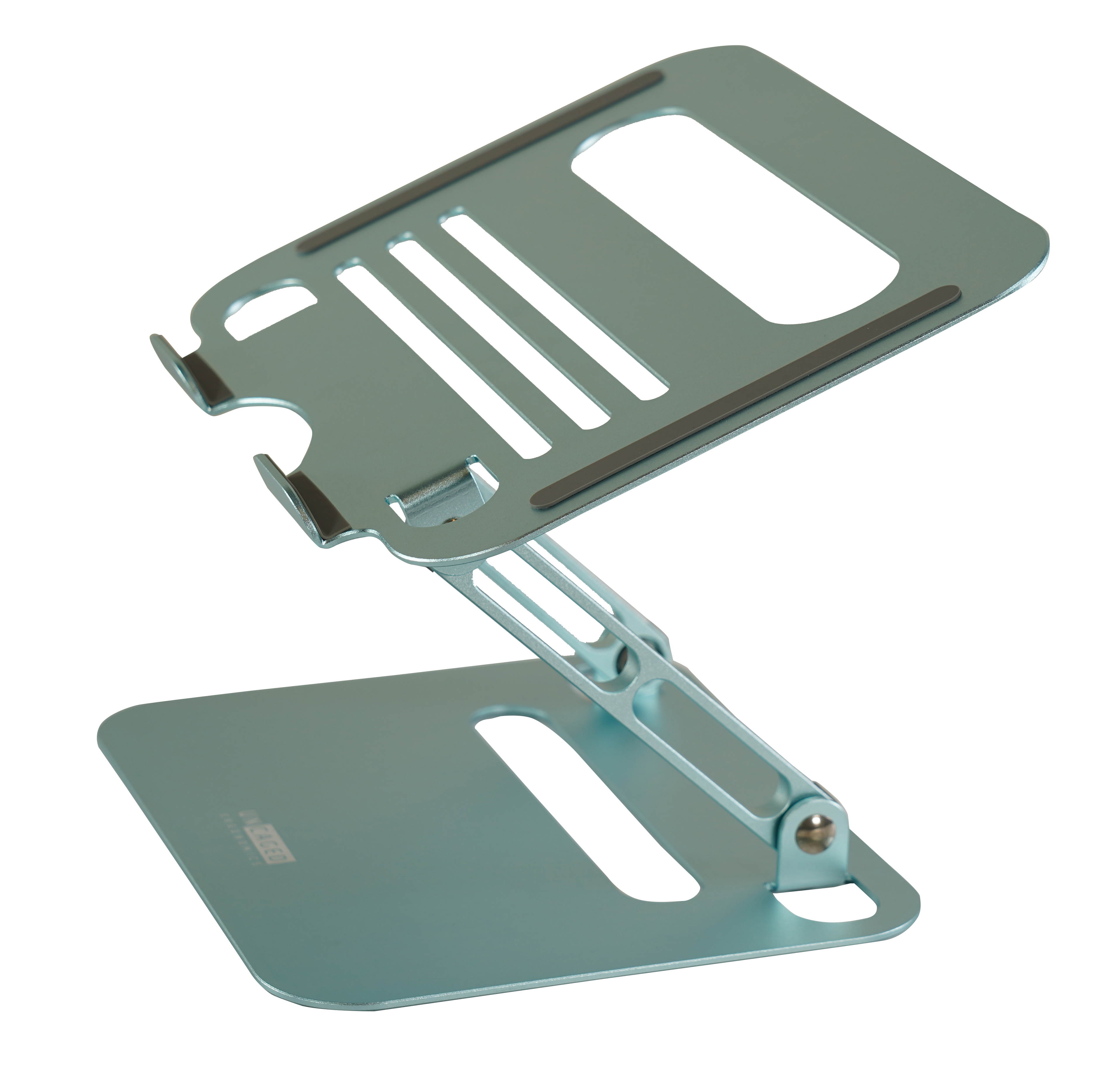 RISE adjustable height tilt laptop desk stand. Small portable ergonomic aluminum notebook computer riser laptop desk stand workstation cooling cooler Ocean Blue