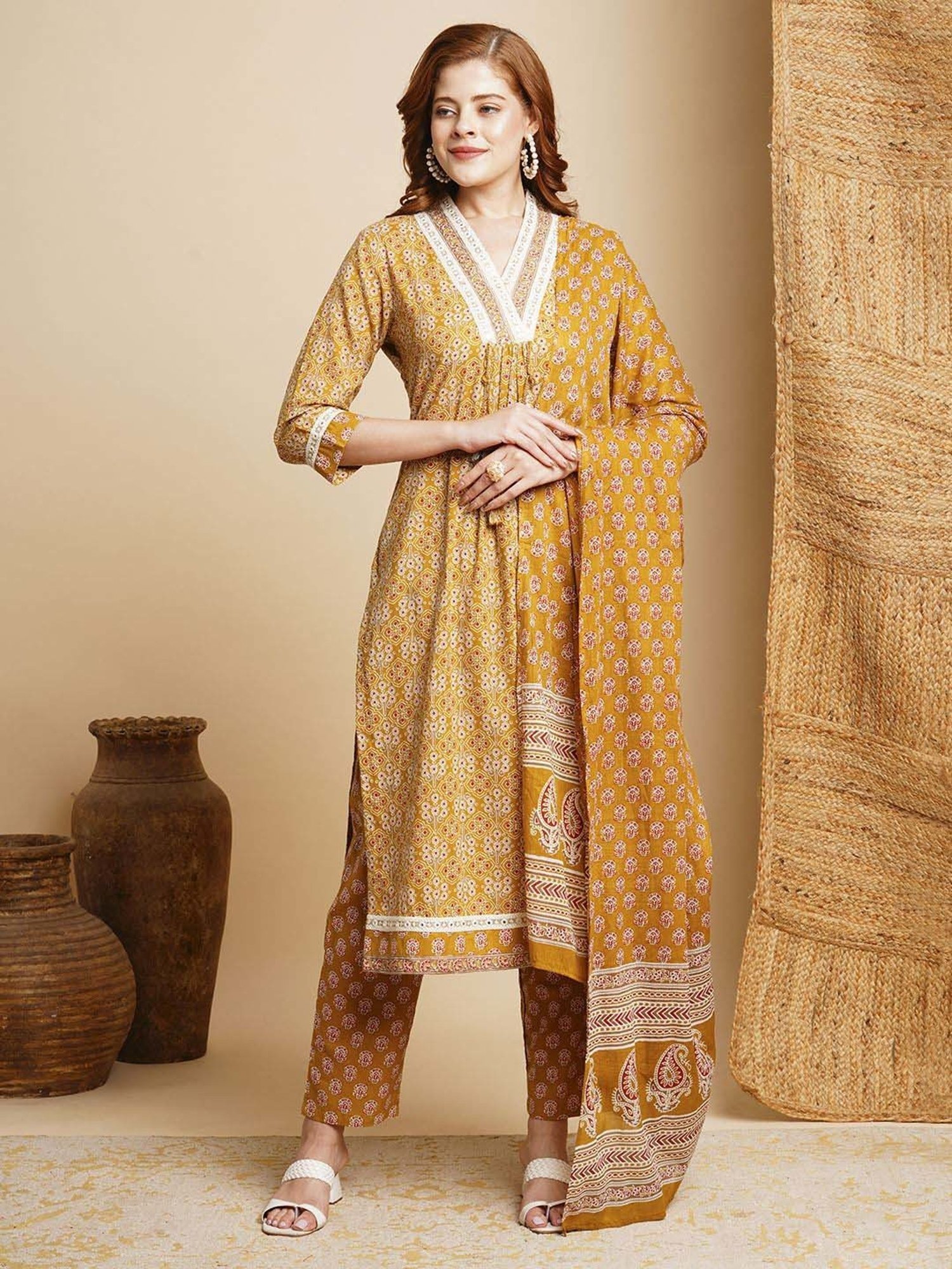 Fashor Mustard Cotton Printed Kurta & Pant Set With Dupatta