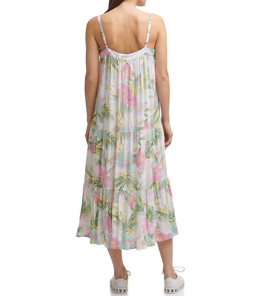 DKNY Jeans Floral Print Tiered Sleeveless Maxi Swing Dress