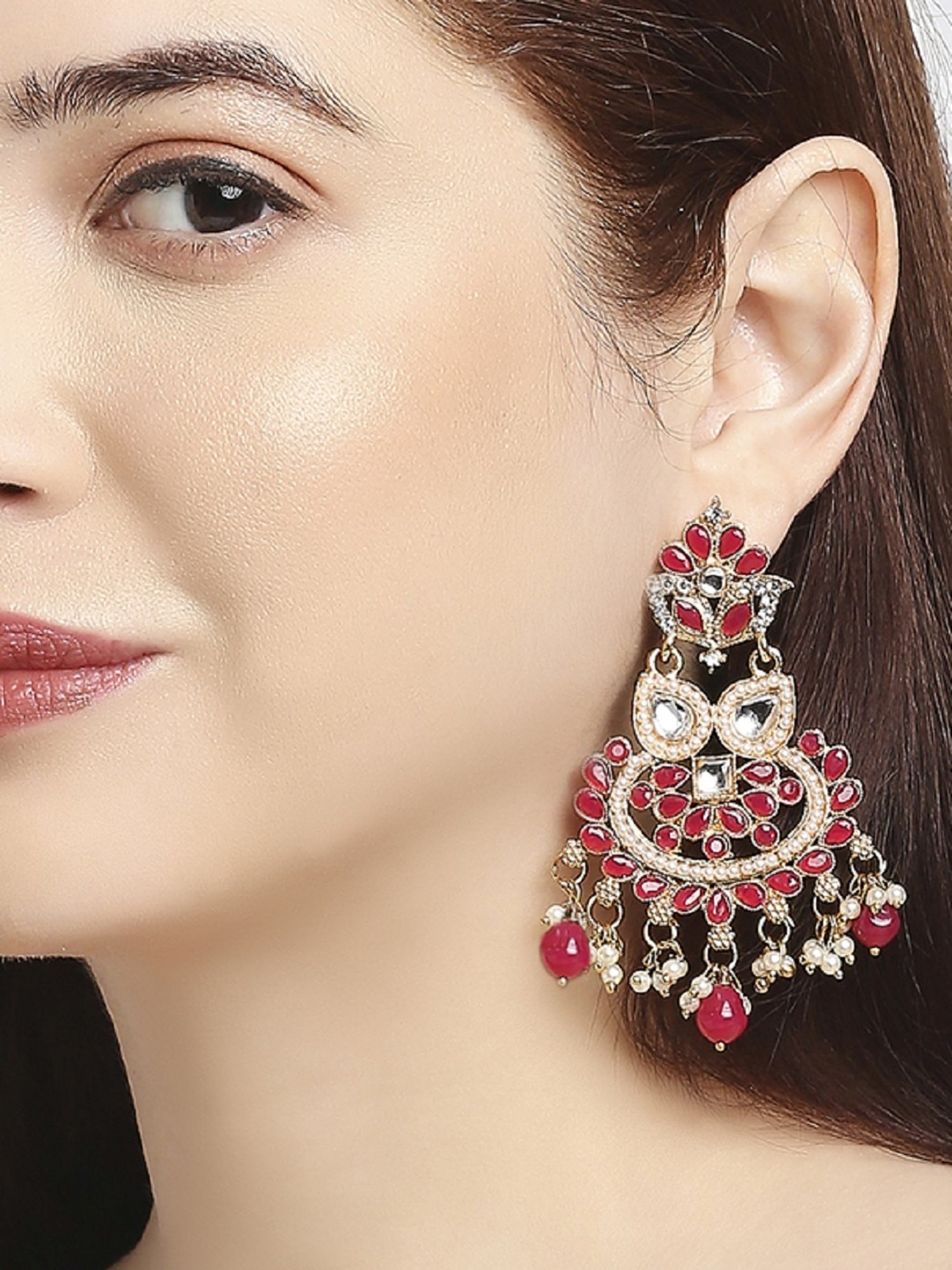OOMPH Jewellery Red Stones & Kundan Large Ethnic Dangler