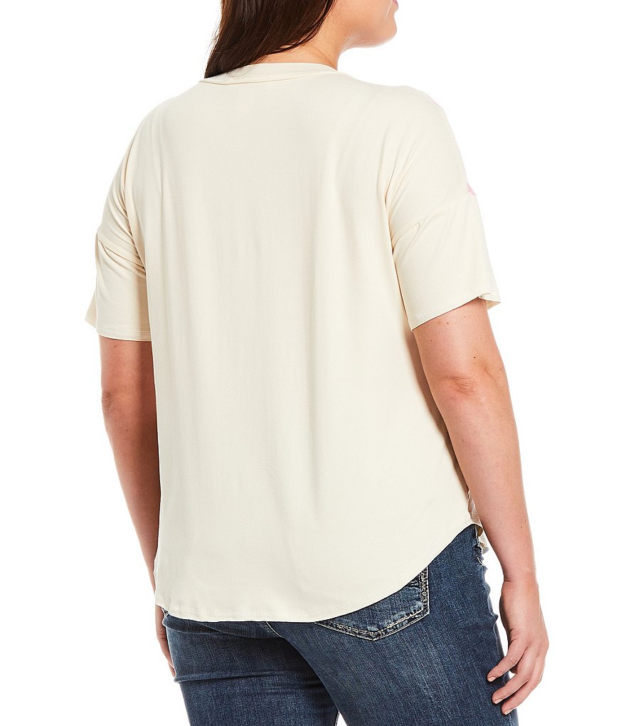 Moa Moa Plus Size Tie Dye Half Animal Print Knit V-Neck Middle Front Raw Edge Trim Short Sleeve Top