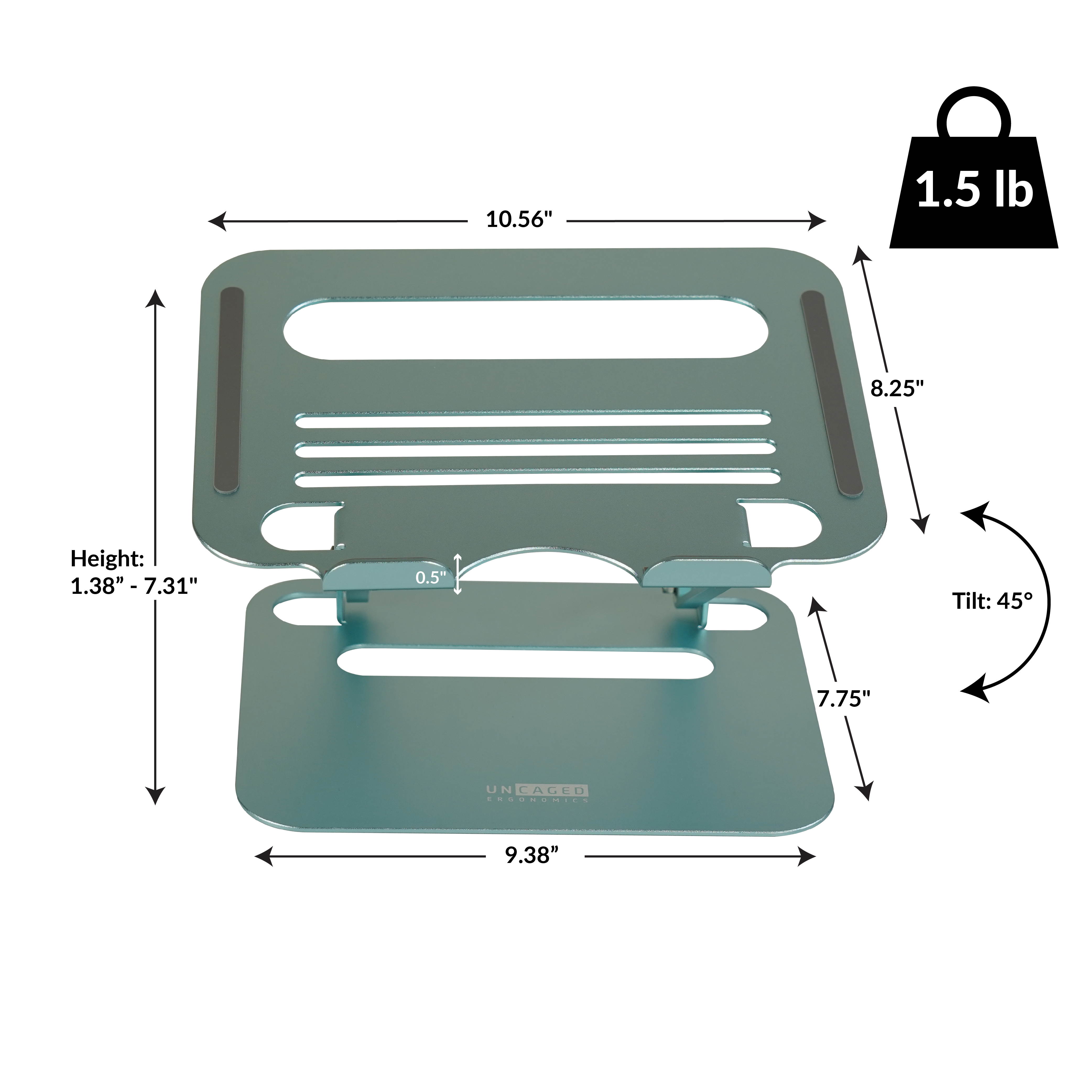 RISE adjustable height tilt laptop desk stand. Small portable ergonomic aluminum notebook computer riser laptop desk stand workstation cooling cooler Ocean Blue