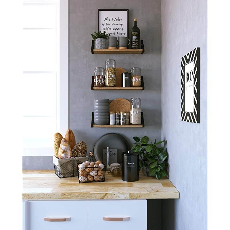 Ponza Floating Shelves Wall Mounted Set of 3 Laundry Room and Bathroom Storage Shelf Unit Natural Burned Rustic Wood Wall Decor with Metal Floating Shelf Bracket