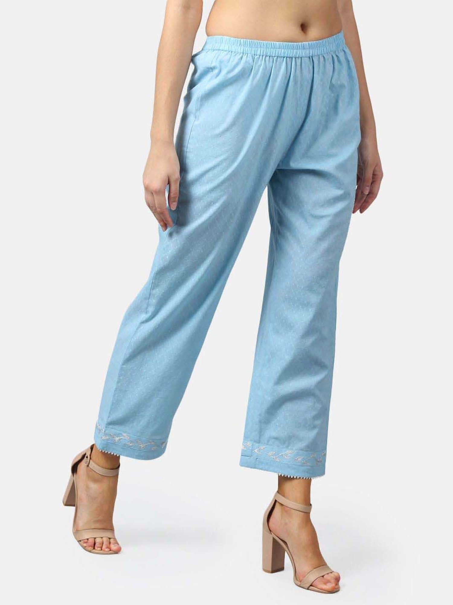 DART STUDIO Blue Cotton Embroidered Palazzos