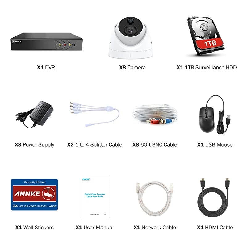 S300 CCTV Camera System 8 Channel 5MP 5-in-1 H.265+ DVR and 8X1080P HD Weatherproof Dome Cameras, PIR Detection, White Light Alarm, Email Alert with Snapshots, 1TB Hard Drive