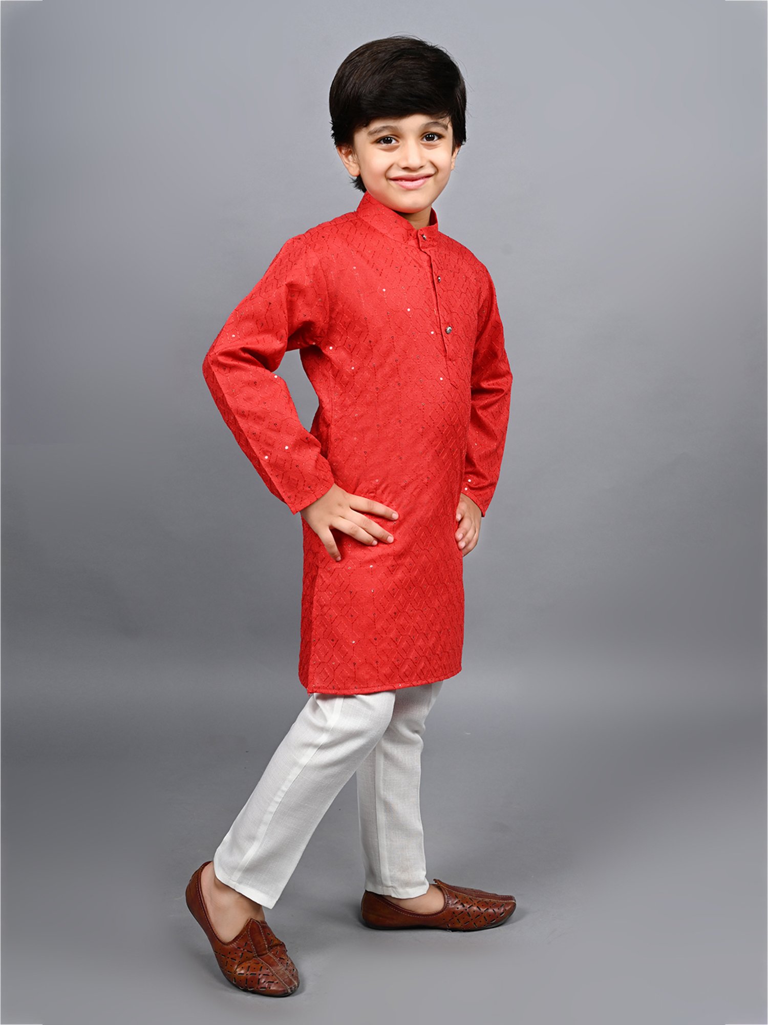 Ahhaaaa Kids Red & White Embellished Full Sleeves Kurta With Pyjamas