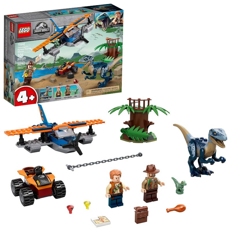 LEGO Jurassic World Velociraptor: Biplane Rescue Mission Dinosaur Toy for Preschool Kids 75942