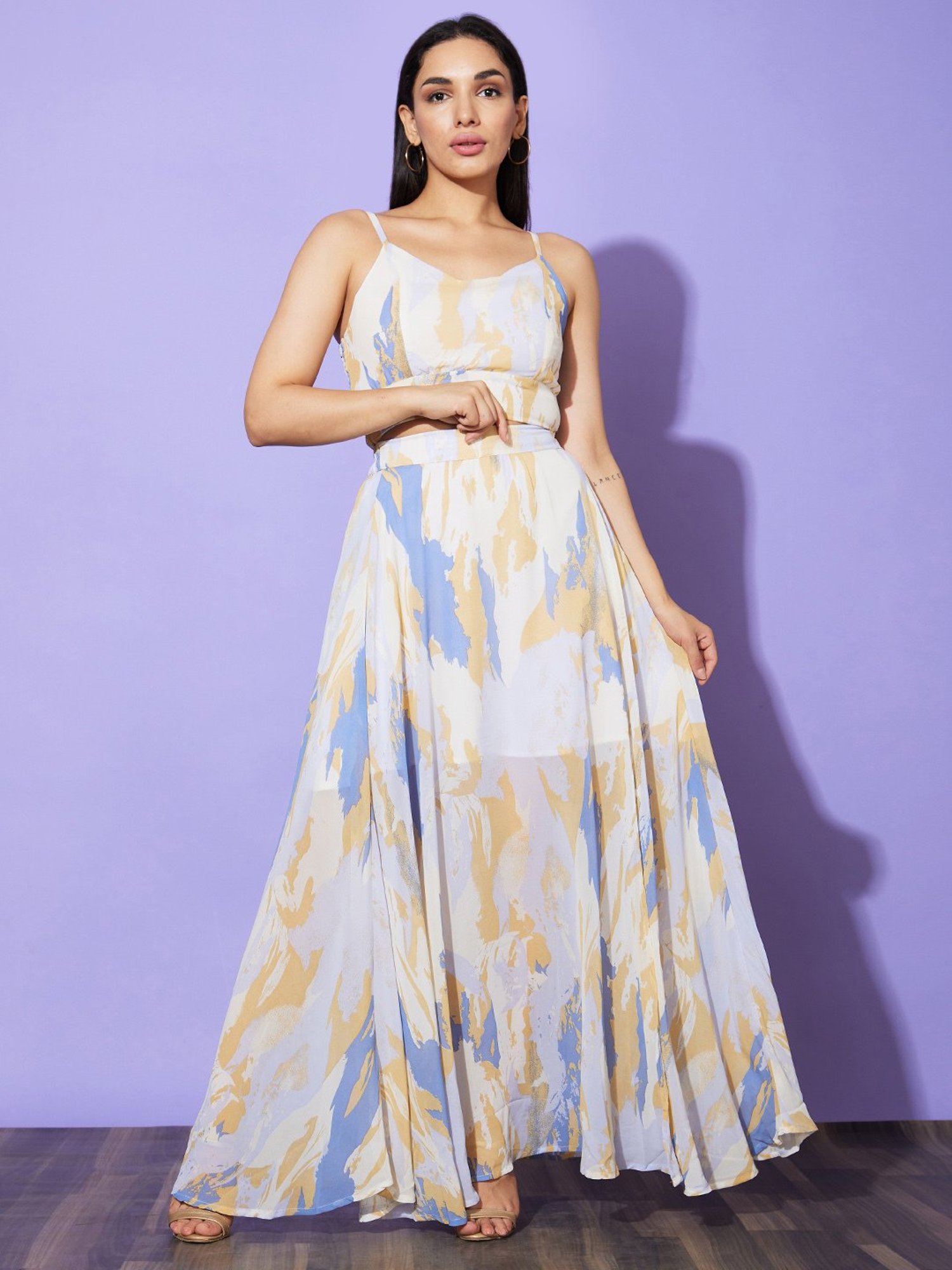 Globus Blue Printed Crop Top With Skirt