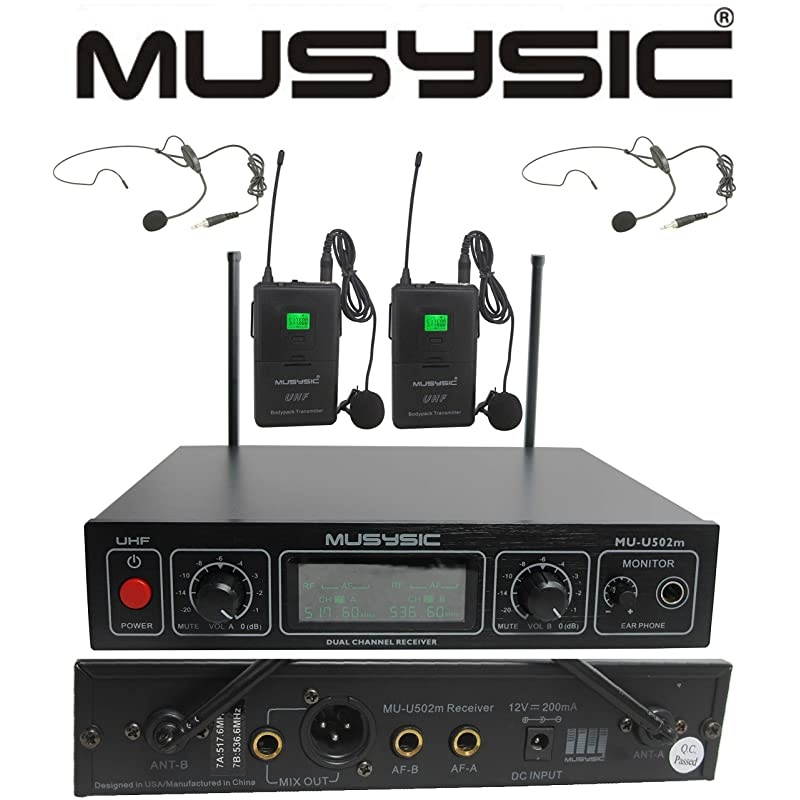 MUU502mLL Professional Dual Channel UHF Lapel Lavalier Headset Wireless Microphone System with Monitor Output FCC Compliance