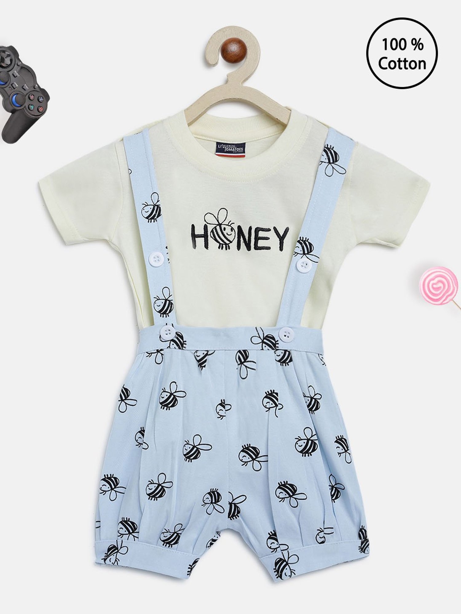 Li'l Tomatoes Kids Off White & Light Blue Printed T-Shirt with Dungaree