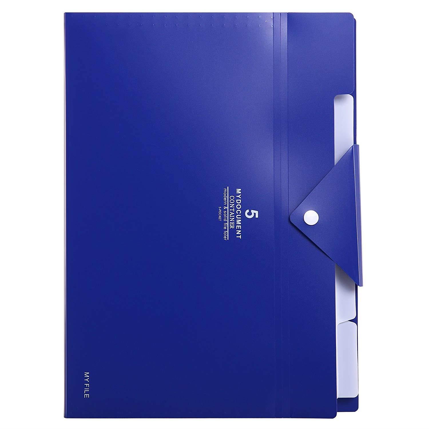 Skydue PP Expanding File Folder Accordion Documents Letters Organizer, 5 Pockets, A4 Size (Navy Blue)