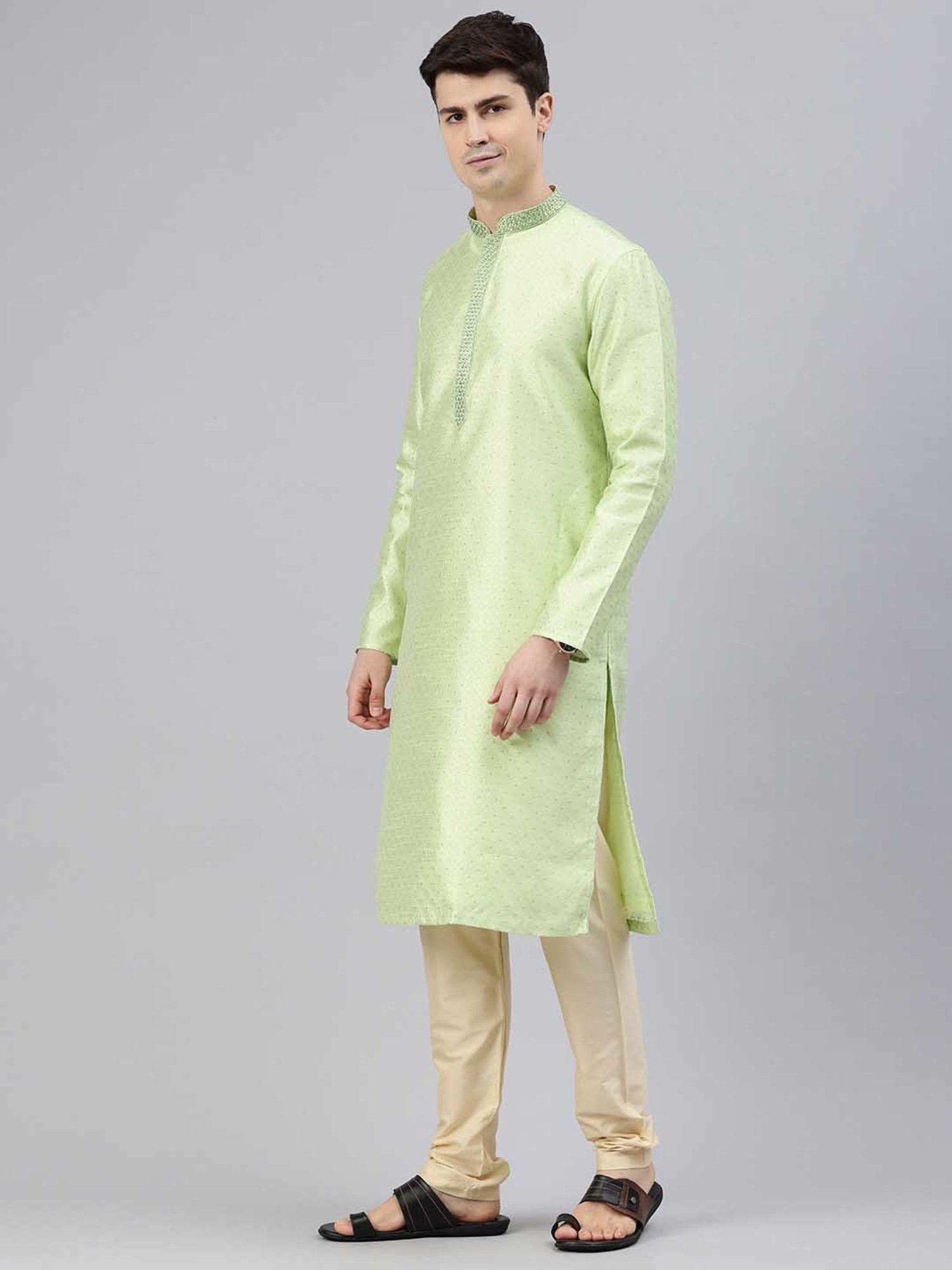 Manthan Light Green & Cream Regular Fit Self Design Kurta & Pyjamas Set