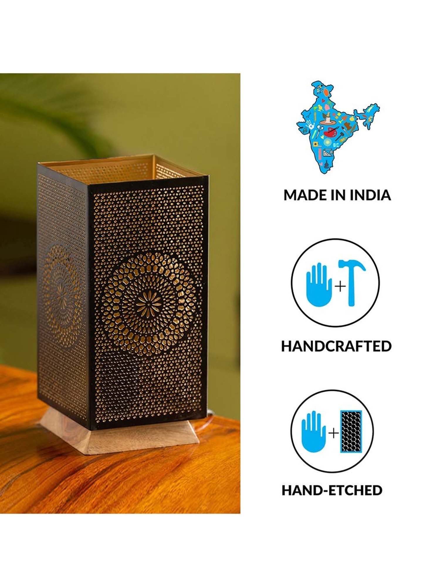 ExclusiveLane Mandala Star Hand Etched Table Lamp In Iron & Mango Wood (11 Inch)