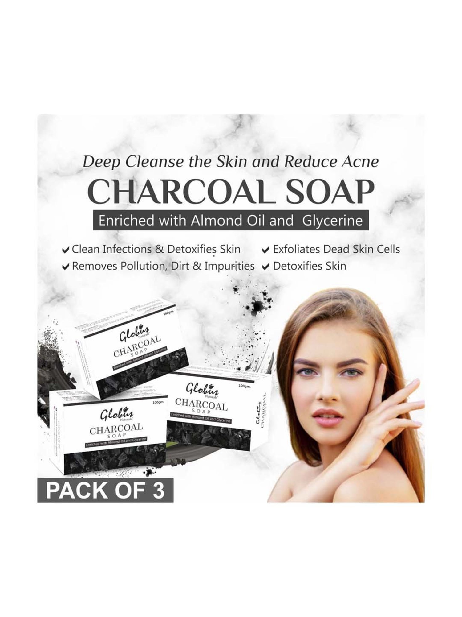 Globus Naturals Charcoal Soap Enriched with Almond Oil & Glycerine - 100 gm (Pack of 3)