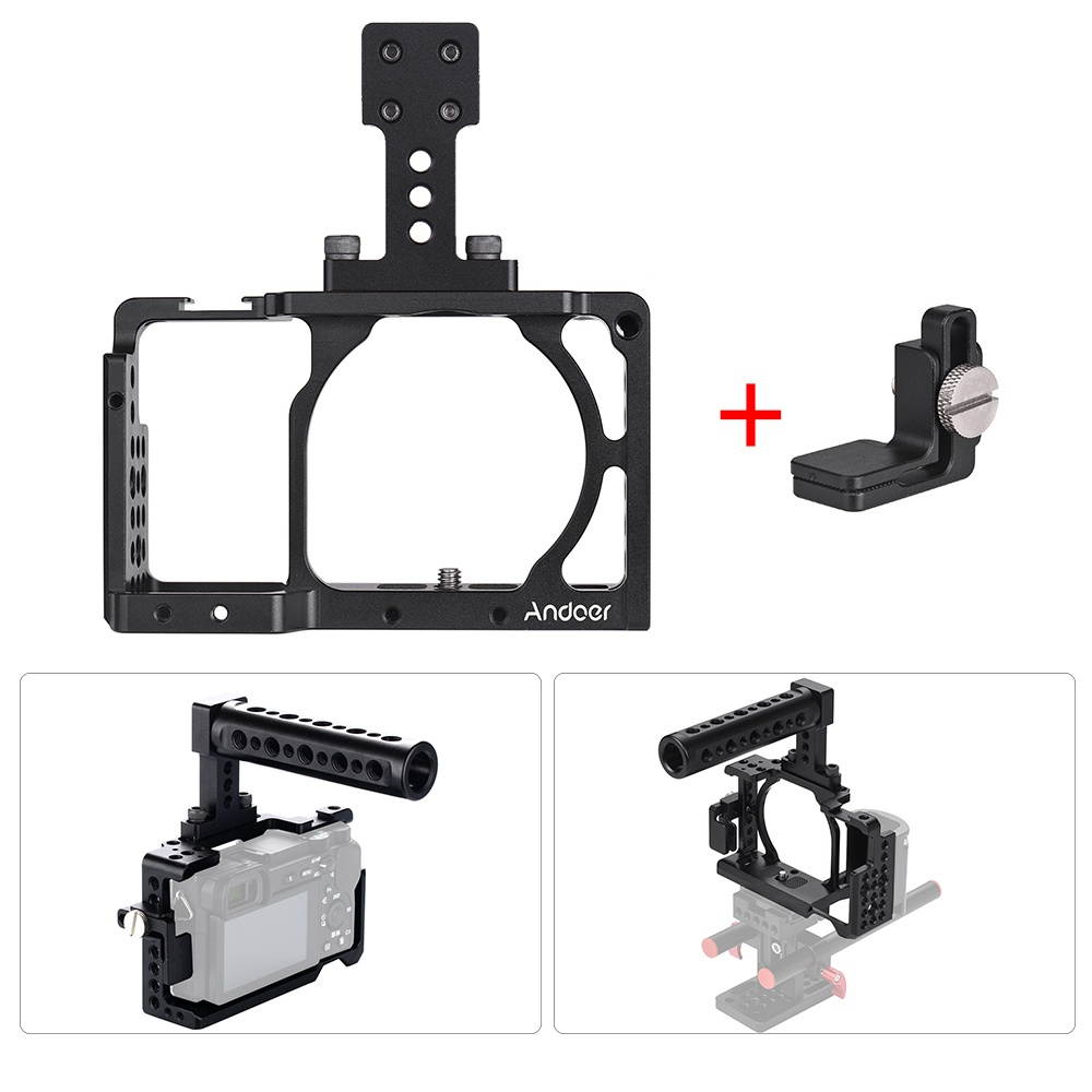 Andoer Protective Aluminum Alloy Video Camera Cage + Top Handle Kit Film Making System with Cable Clamp for Sony A6000 A6300 A6500 NEX7 ILDC to Mount Microphone Monitor Tripod Lighting Accessories