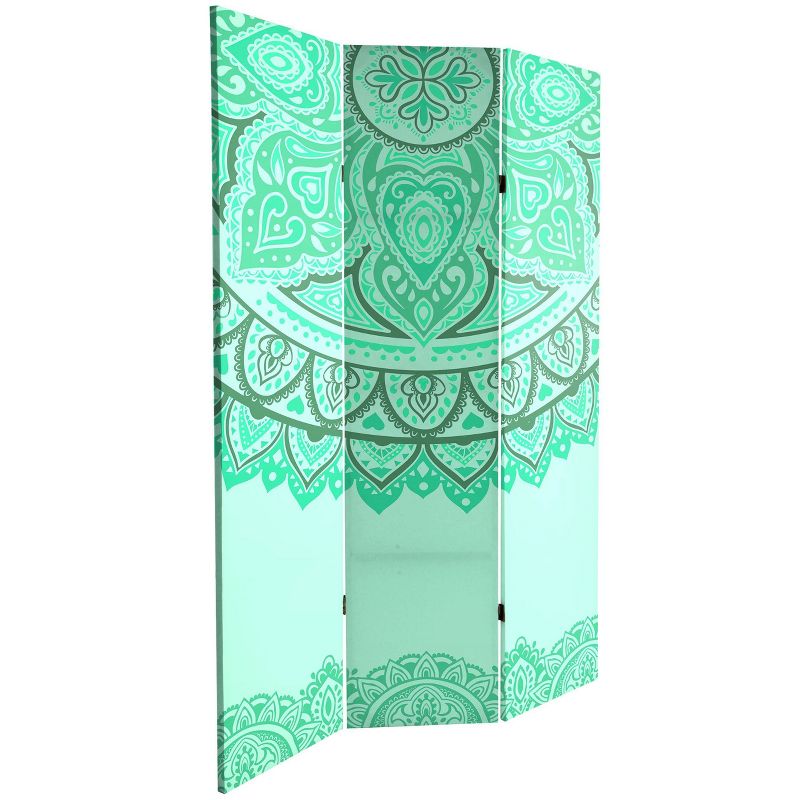 6" Double Sided Gold and Green Mandalas Canvas Room Divider - Oriental Furniture