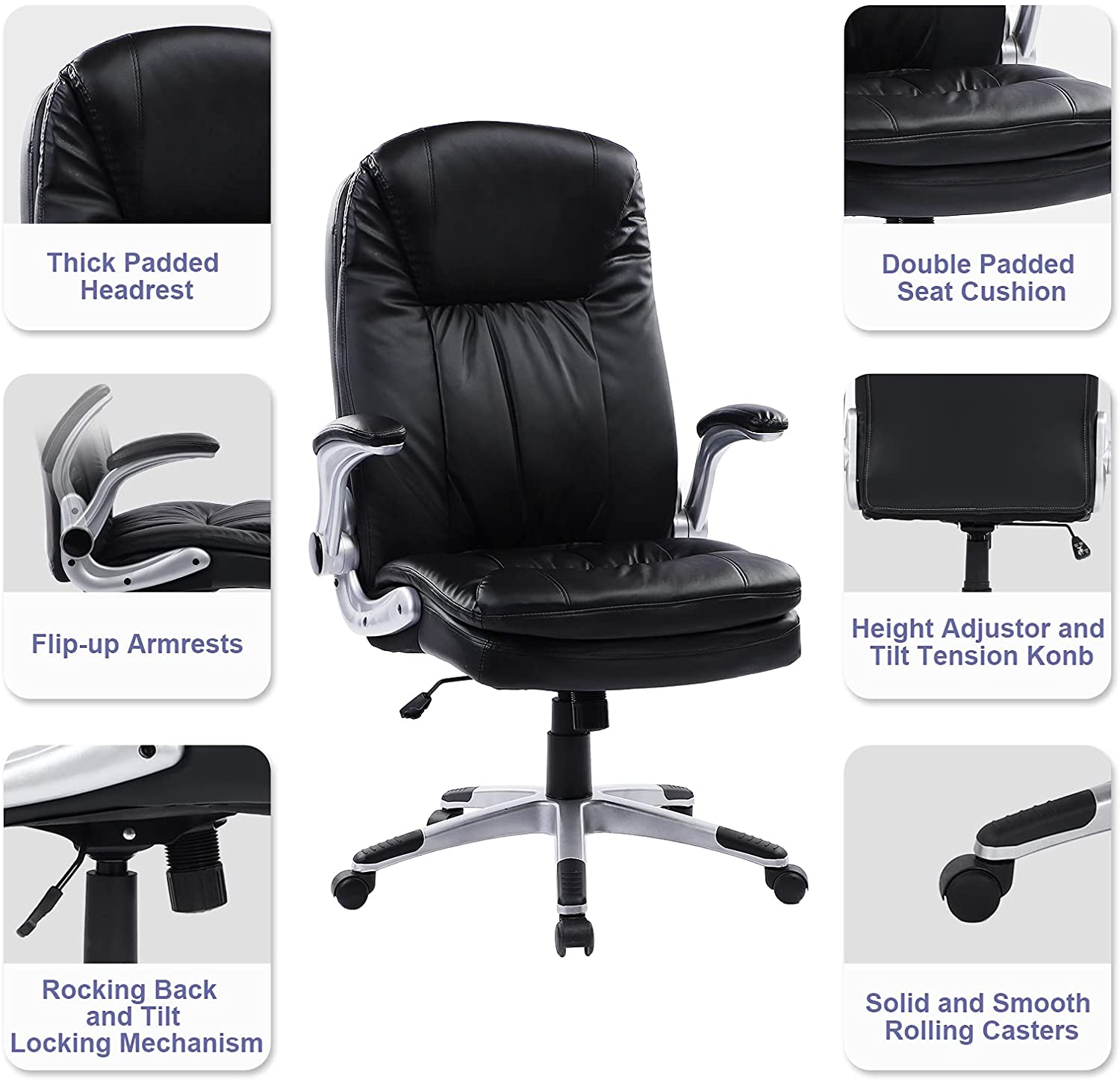 Executive Office Chair Ergonomic Leather Desk Chair with Flip-up Arms Double Padded Seat Cushion and Adjustable Tilt Angle Lumbar Support Office Chair for Home Office Work(9173 Black)