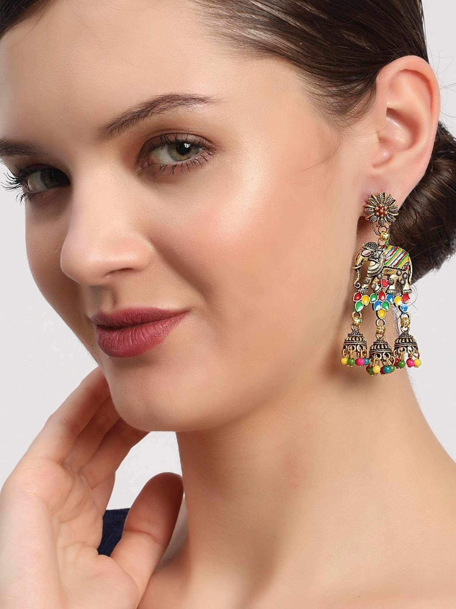 Aatmana Designer Elephant Shape Enamelled Traditional Pearl Multi Jhumki Earrings for Women