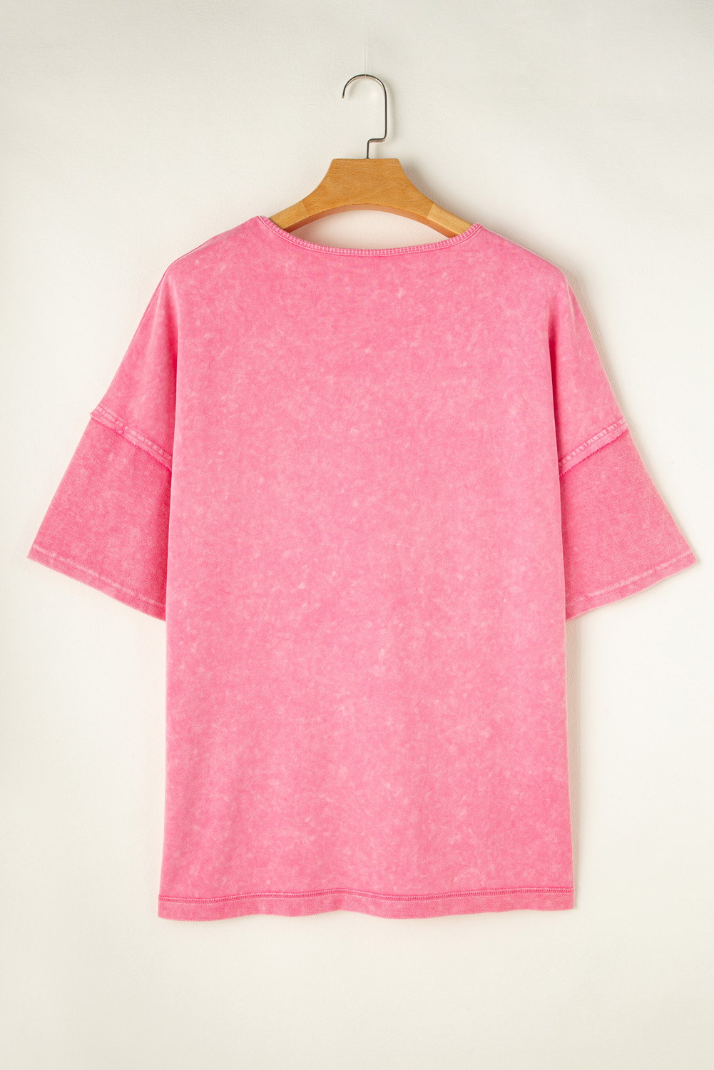 Strawberry Pink Mineral Wash Drop Sleeve Patchwork Plus Size Tee