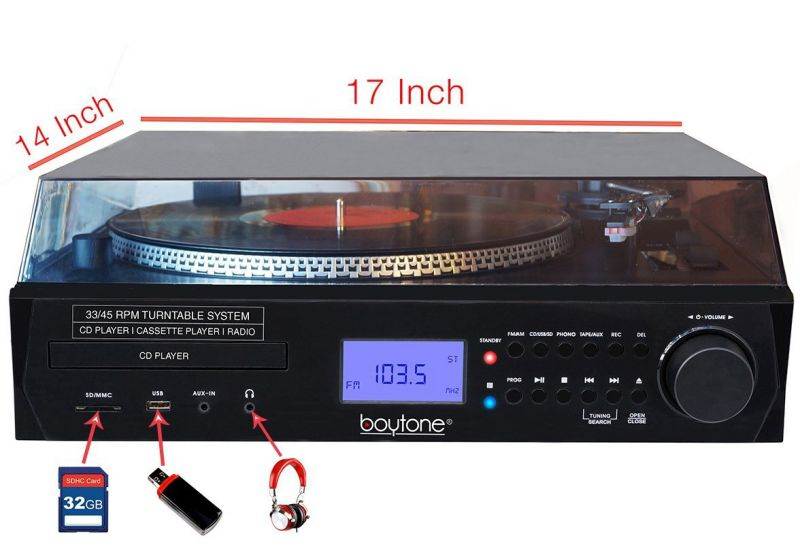 Boytone BT-11B Fully Automatic Large size Turntable Bluetooth Wireless speaker AM/FM, CD, USB, SD, Cassette Player