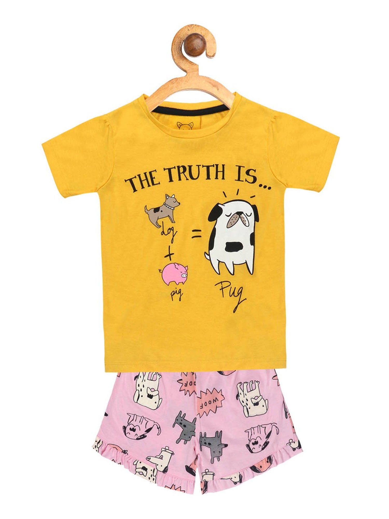 Lazy Shark Kids Yellow & Pink Printed  Top with  Shorts